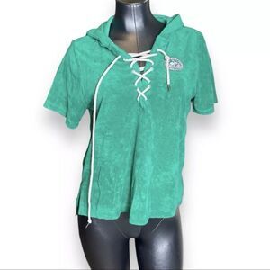 Ivory Ella Terry Hooded Short Sleeve Lace Bob Pullover Size Medium Top